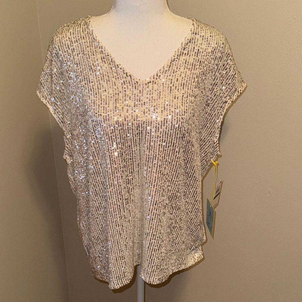 CeCe Silver Sequin Short-sleeve Blouse - Large